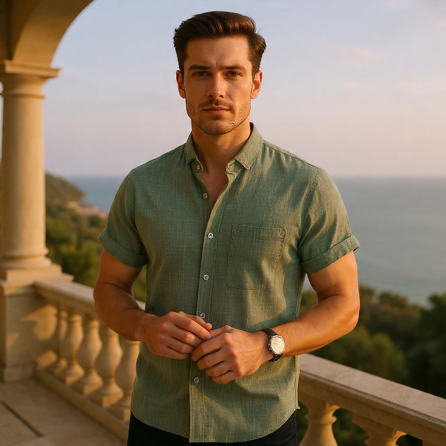 Solid-Colored Cotton And Linen Men'S Shirt