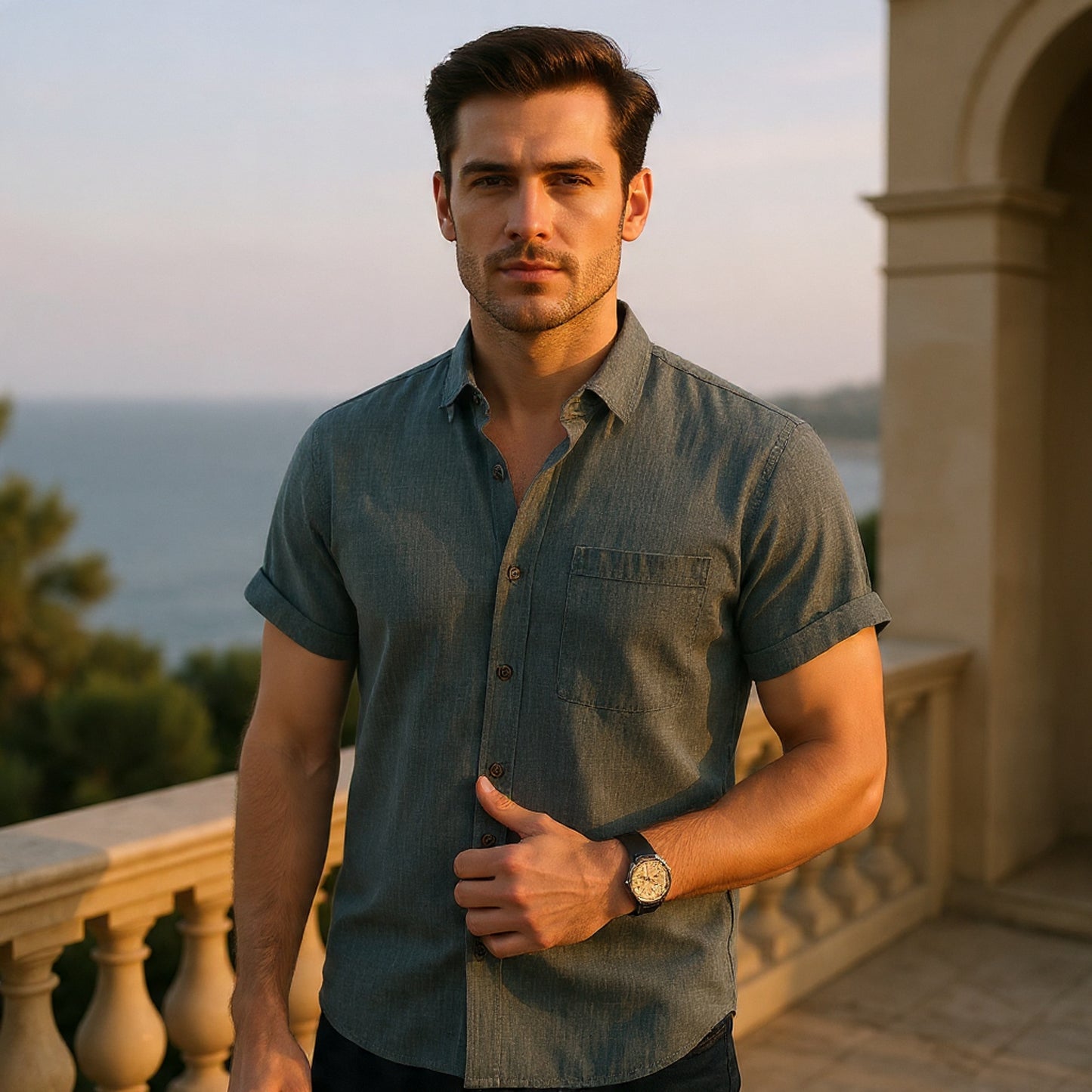 Solid-Colored Cotton And Linen Men'S Shirt