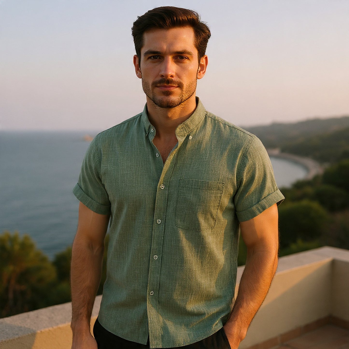 Solid-Colored Cotton And Linen Men'S Shirt