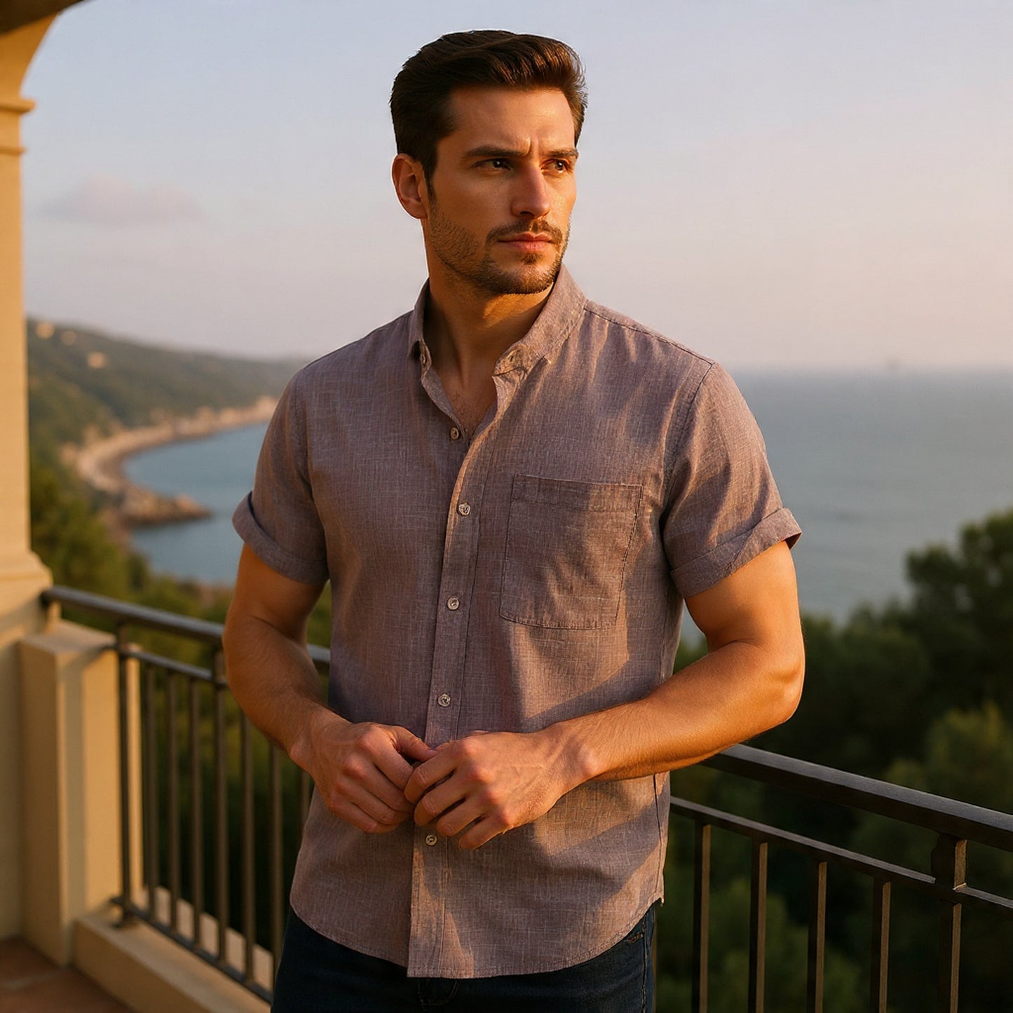 Solid-Colored Cotton And Linen Men'S Shirt - Florivation