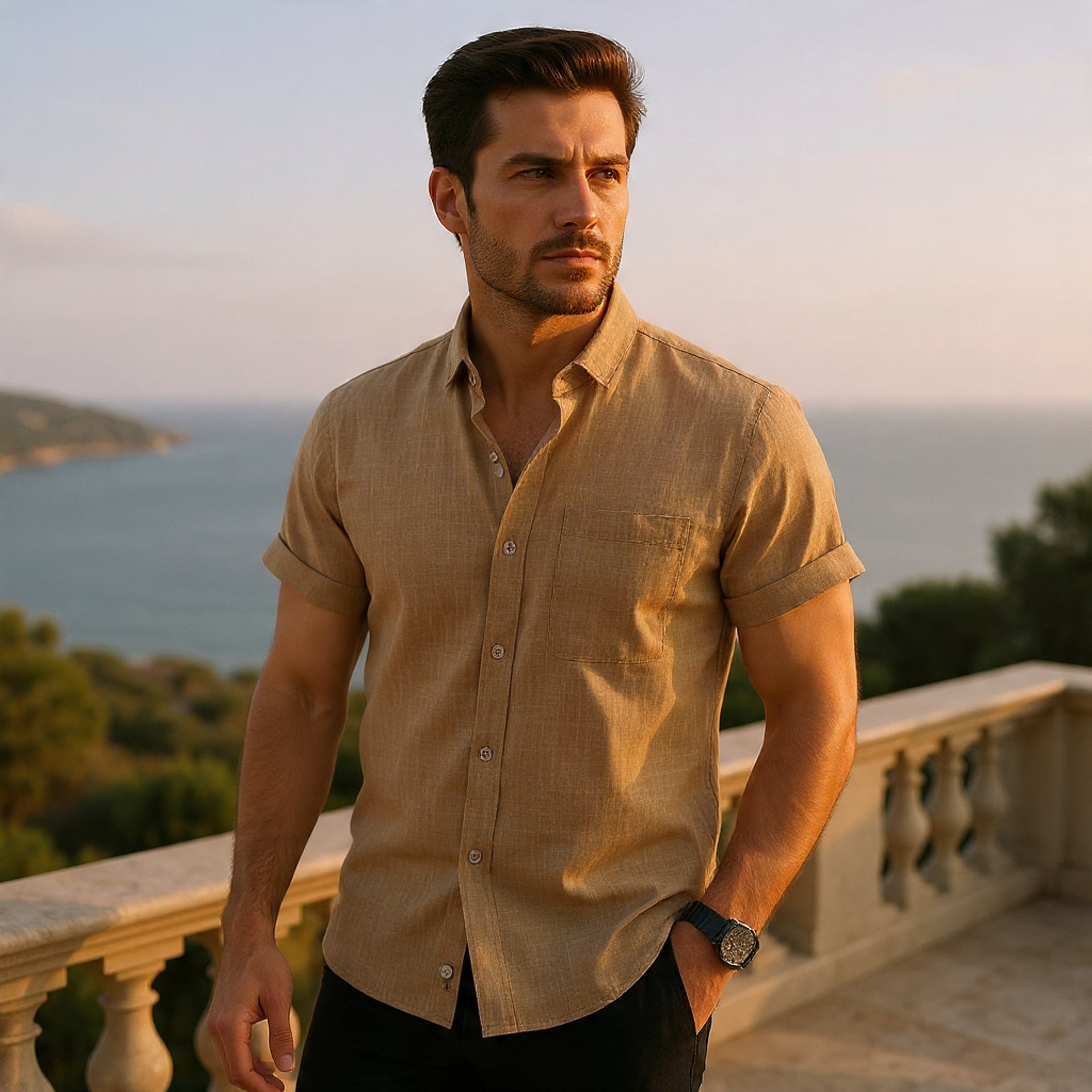 Solid-Colored Cotton And Linen Men'S Shirt - Florivation