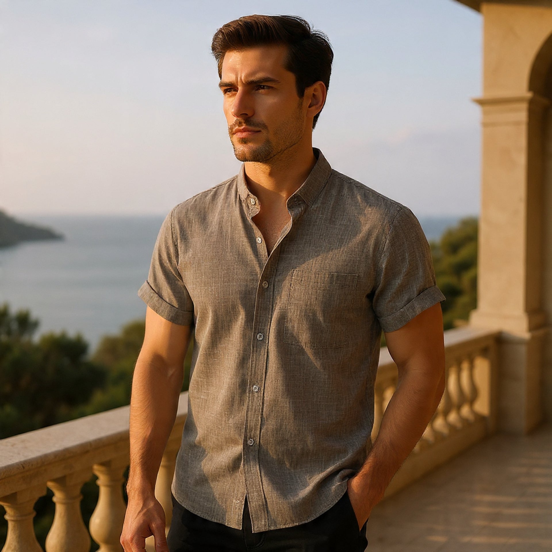 Solid-Colored Cotton And Linen Men'S Shirt - Florivation